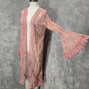 Polly Esther Kimono Duster Women Large Pink Lace Sheer Bell Sleeve Boho Cardigan